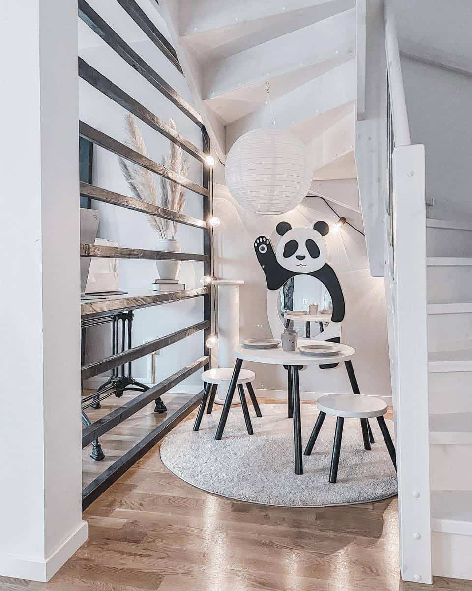 white kids table with panda mirror