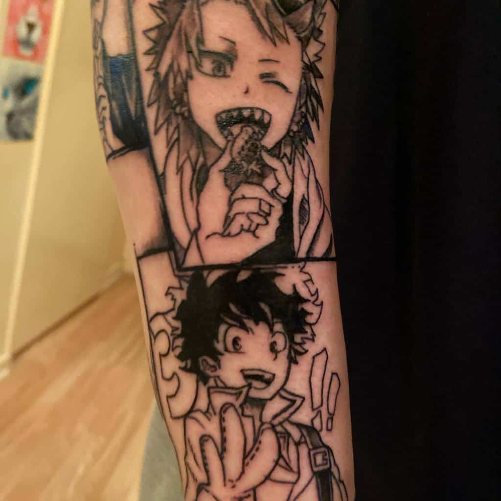 Black and grey tattoo of Eijiro Kirishima eating a snack and Izuku Midoriya smiling with a peace sign, styled as manga panels