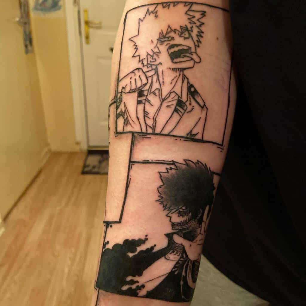 Black and grey manga-style tattoo featuring Katsuki Bakugo yelling with his tongue out and Dabi surrounded by dark flames in panel design