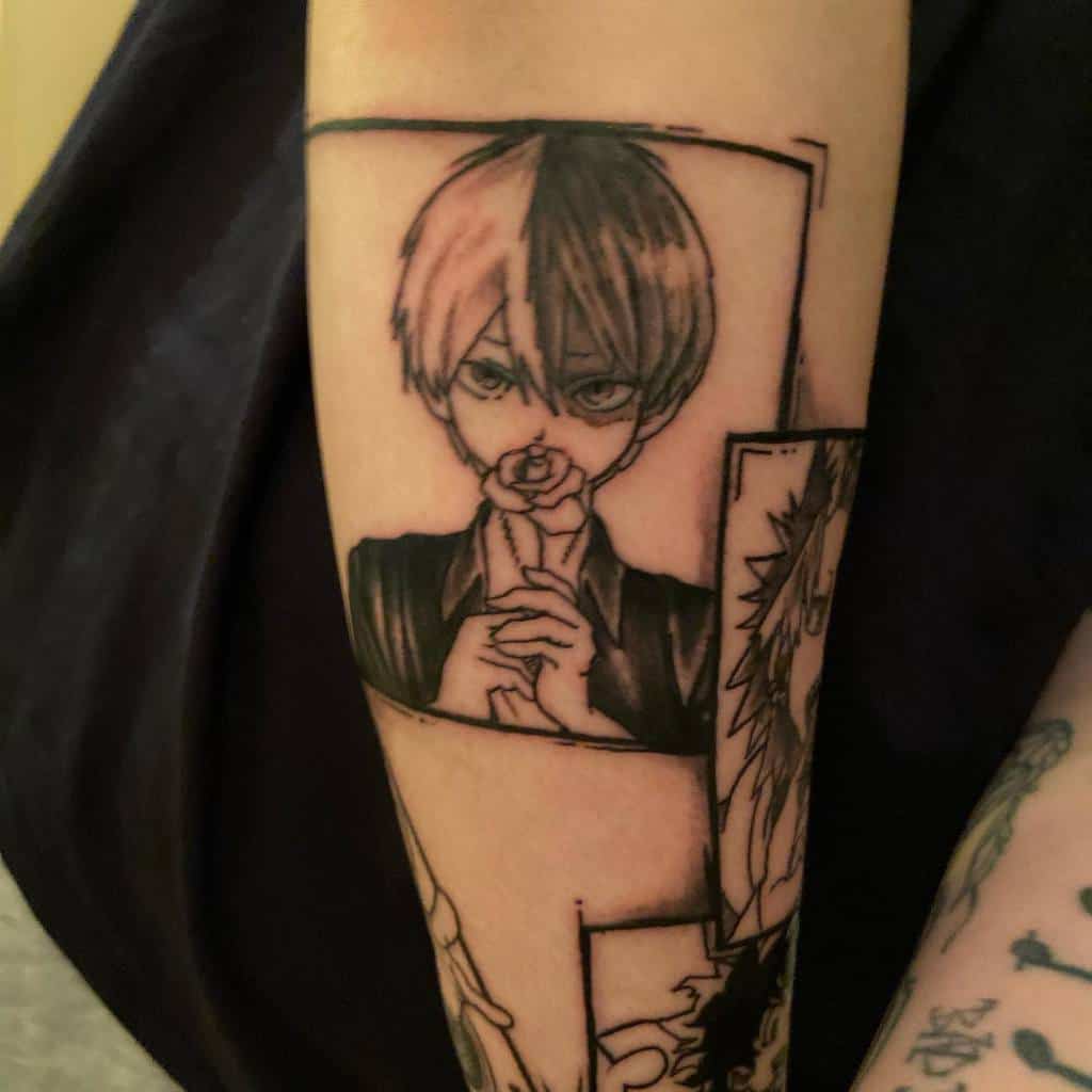 Black and grey manga-style tattoo of Shoto Todoroki from My Hero Academia, holding a rose with a calm expression in panel design