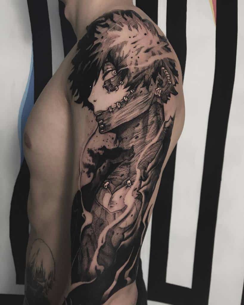 Black and grey tattoo of Dabi from My Hero Academia, featuring detailed shading, stitches, and dark flame effects