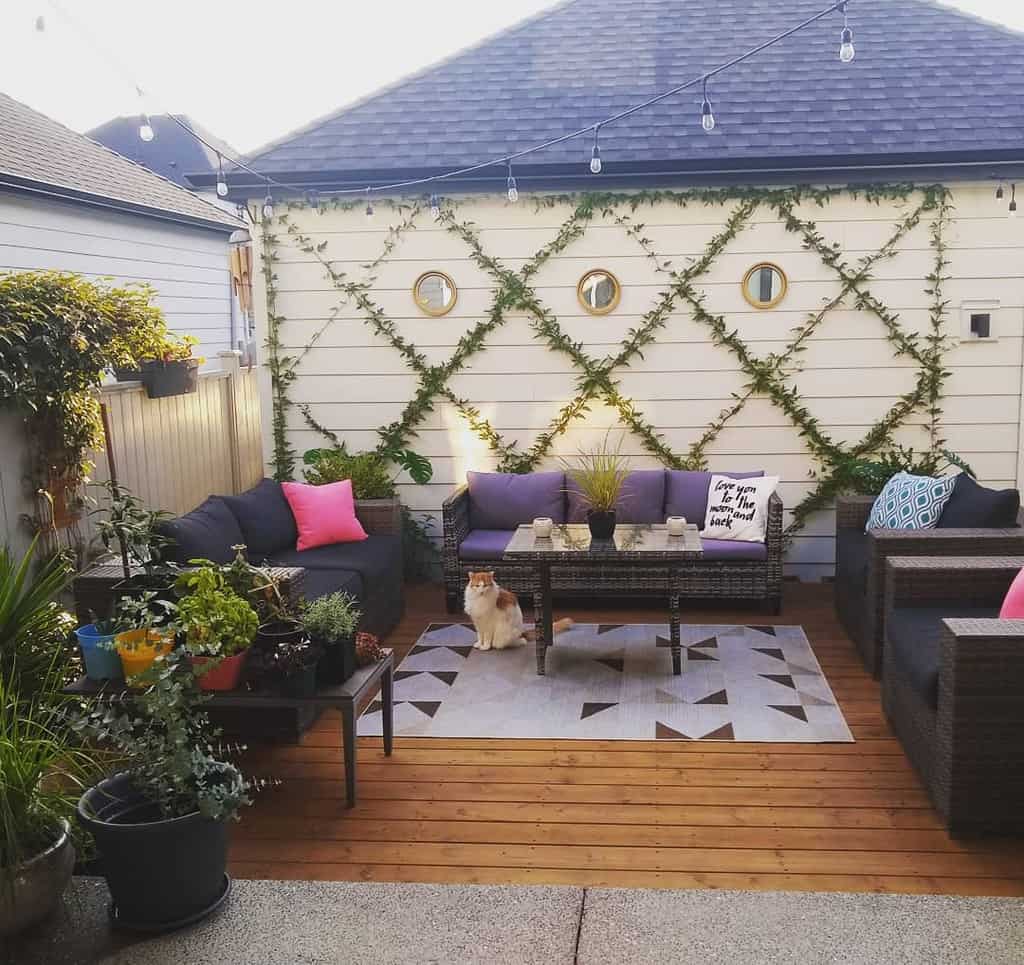 wood deck patio with wicker furniture 