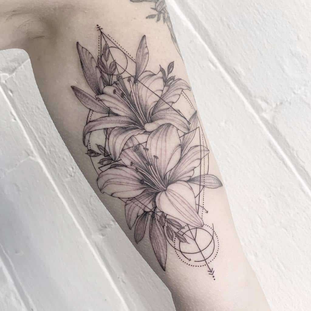 Intricate black and grey tattoo of two lilies with fine line geometric elements, blending botanical beauty with modern minimalism