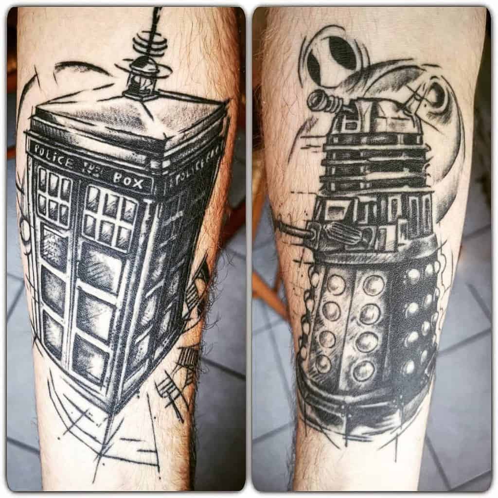 Pair of black and white sketch-style tattoos on legs, one showing the TARDIS and the other a Dalek from 'Doctor Who'