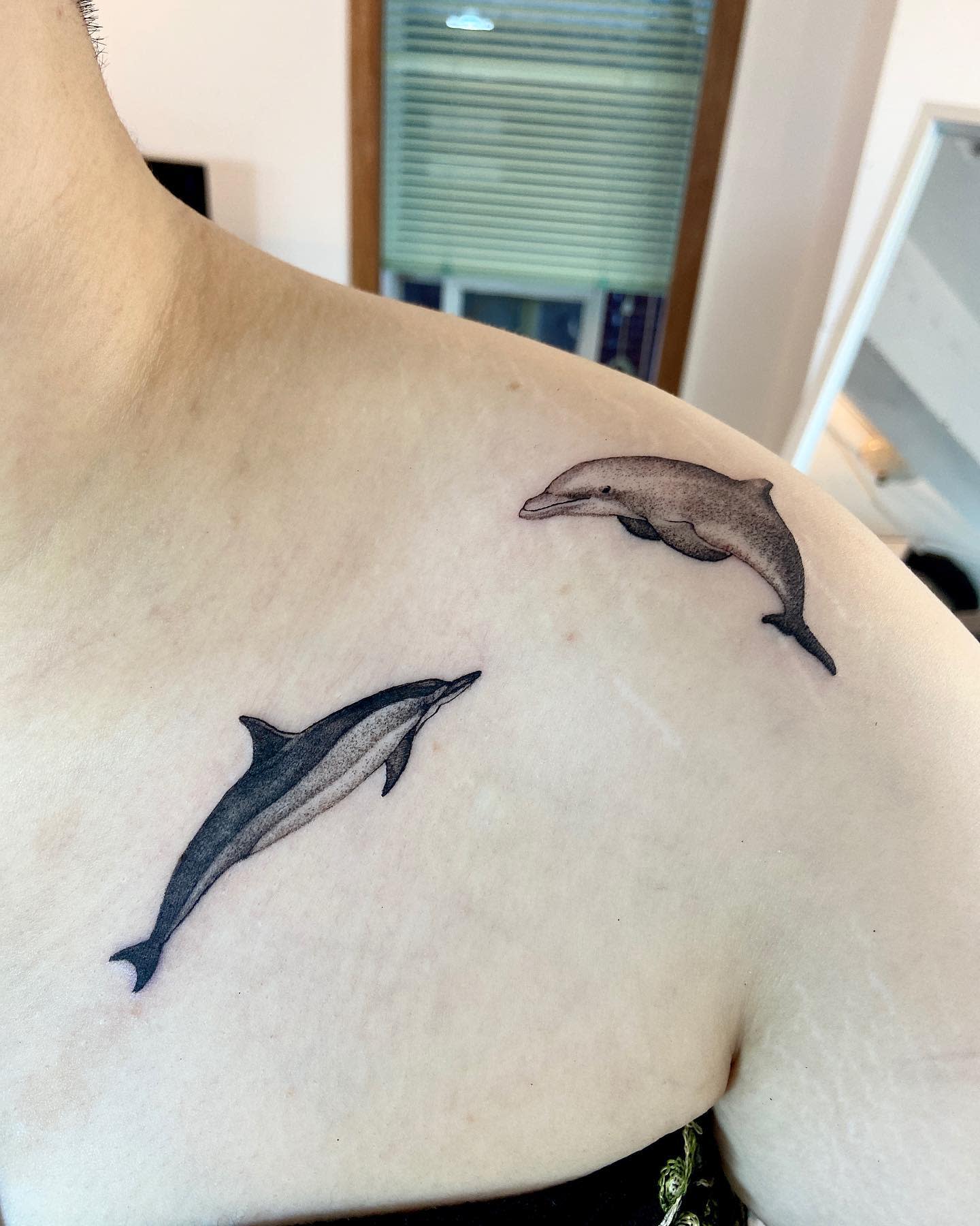 A shoulder tattoo featuring two dolphins swimming in opposite directions