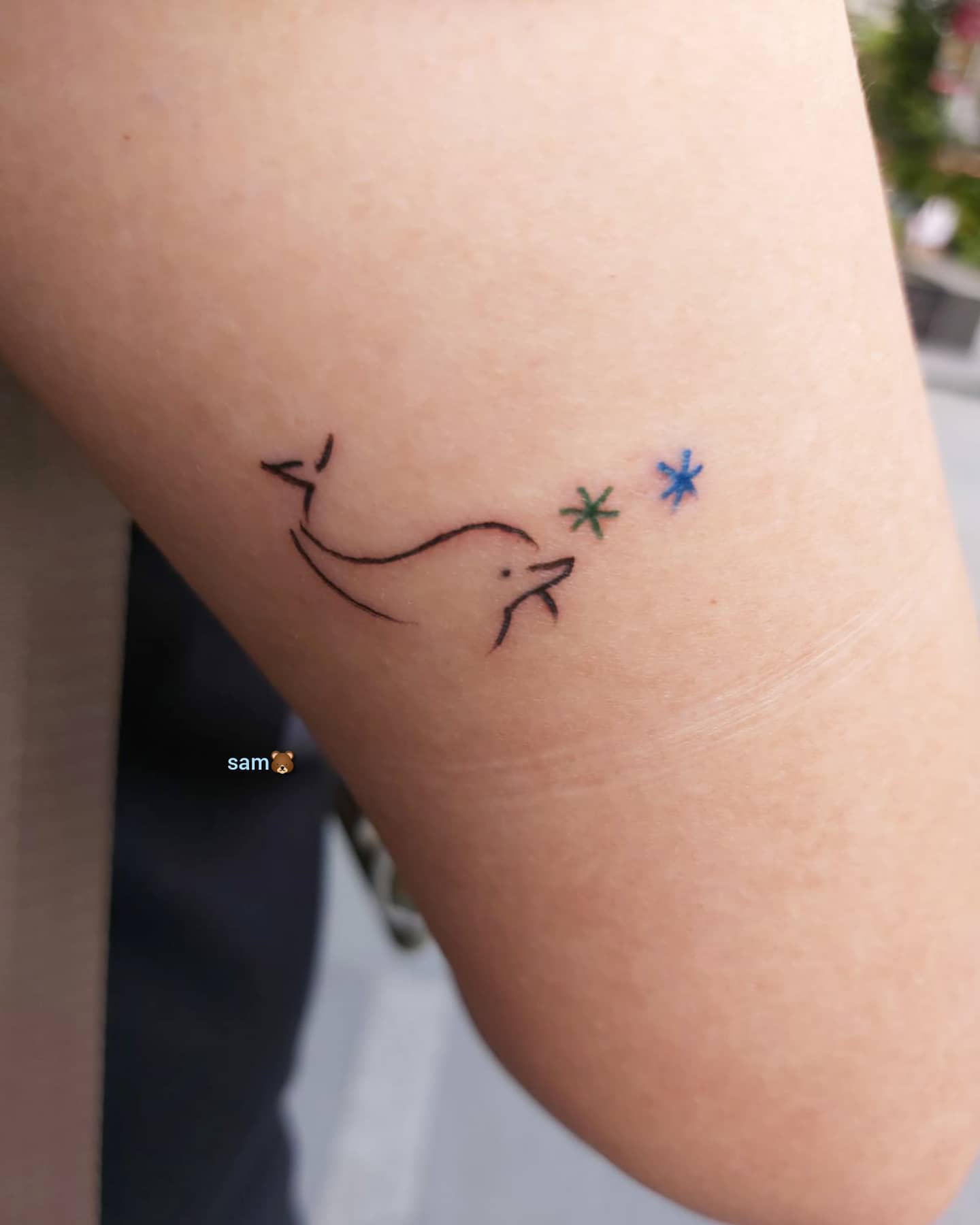 Minimalist dolphin tattoo with colorful stars on an upper arm