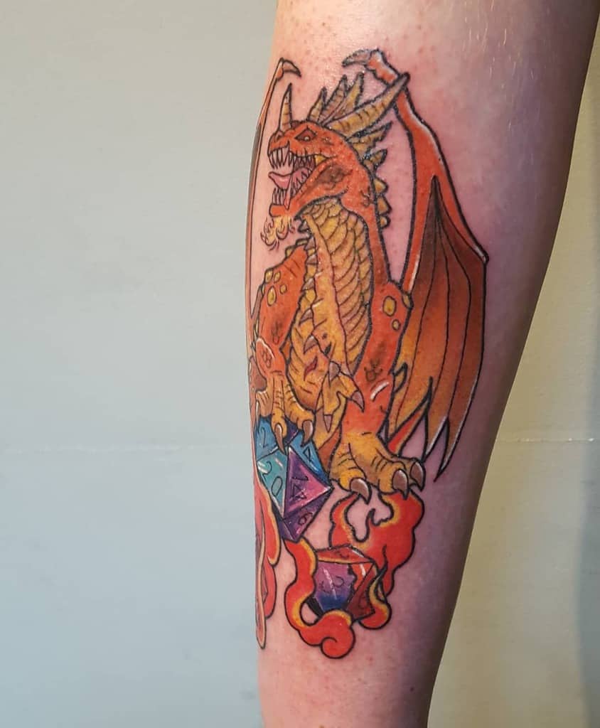 Orange dragon clutching D20 dice amidst flames in a bold, fiery design