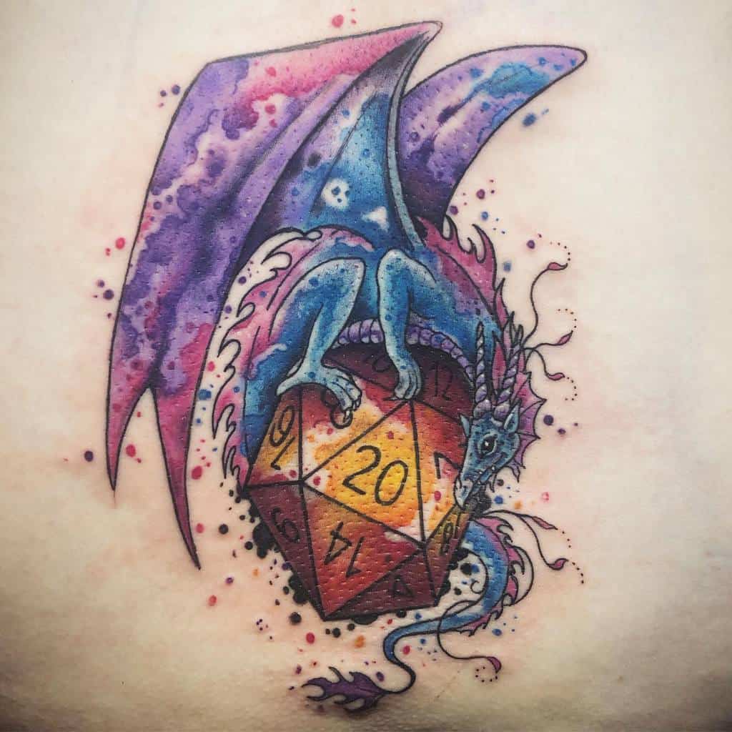 Watercolor-style tattoo of a blue dragon clutching a glowing orange D20 dice, surrounded by splashes of vibrant purple and pink