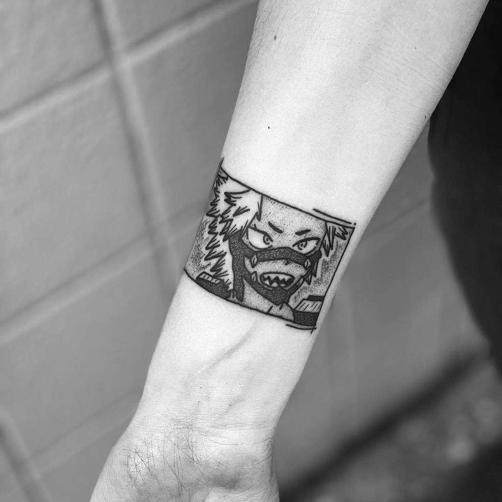 Black and grey manga-style tattoo of Eijiro Kirishima from My Hero Academia, featuring his fierce battle expression and mask