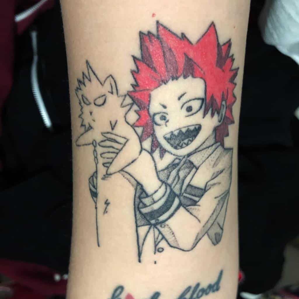 Black and red tattoo of Eijiro Kirishima from My Hero Academia, smiling while holding a small, spiky creature with playful energy