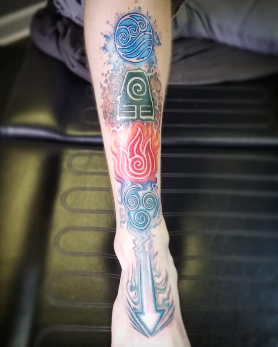Tattoo of stylized symbols of air, earth, fire, and water arranged on a forearm