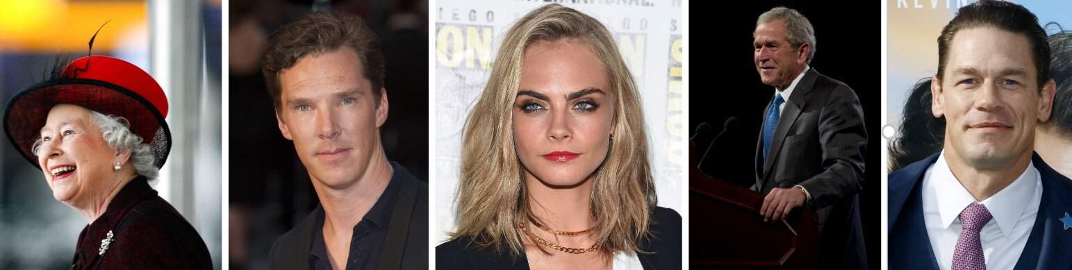 Elizabeth II and Benedict Cumberbatch, Cara Delevingne, George W. Bush, and John Cena 