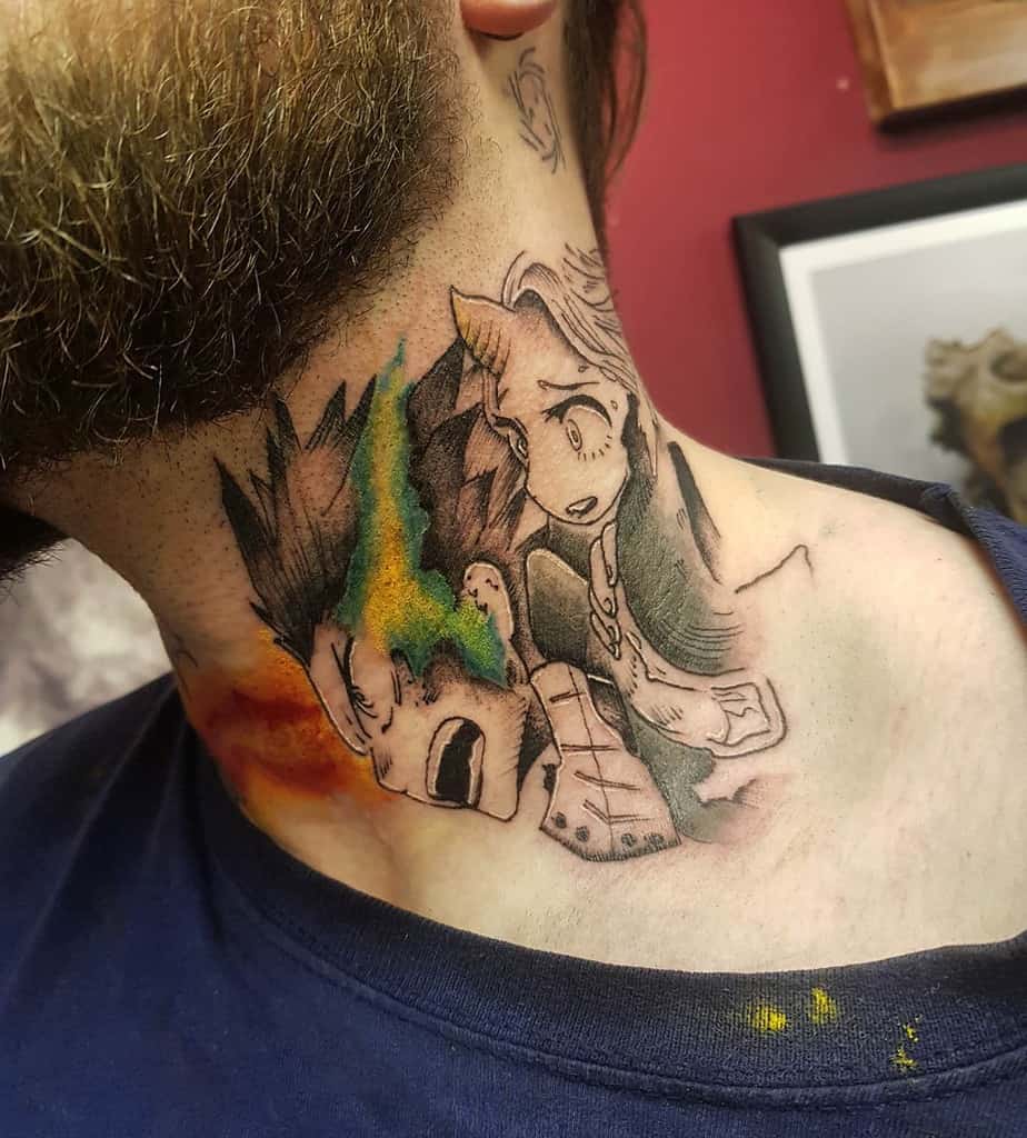 Black and grey tattoo of Eri and an injured Izuku Midoriya from My Hero Academia, with vibrant energy effects in yellow, green, and orange