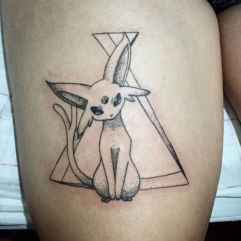 Minimalist Espeon tattoo with dotwork shading and a geometric triangle background, creating a sleek and elegant design
