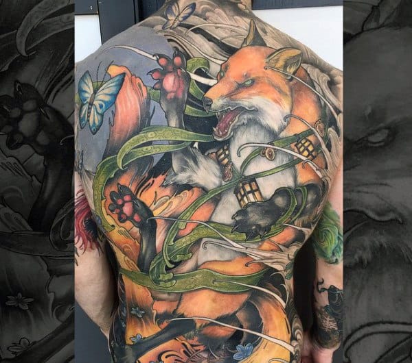 Fighting Fox Tattoo Mens Back