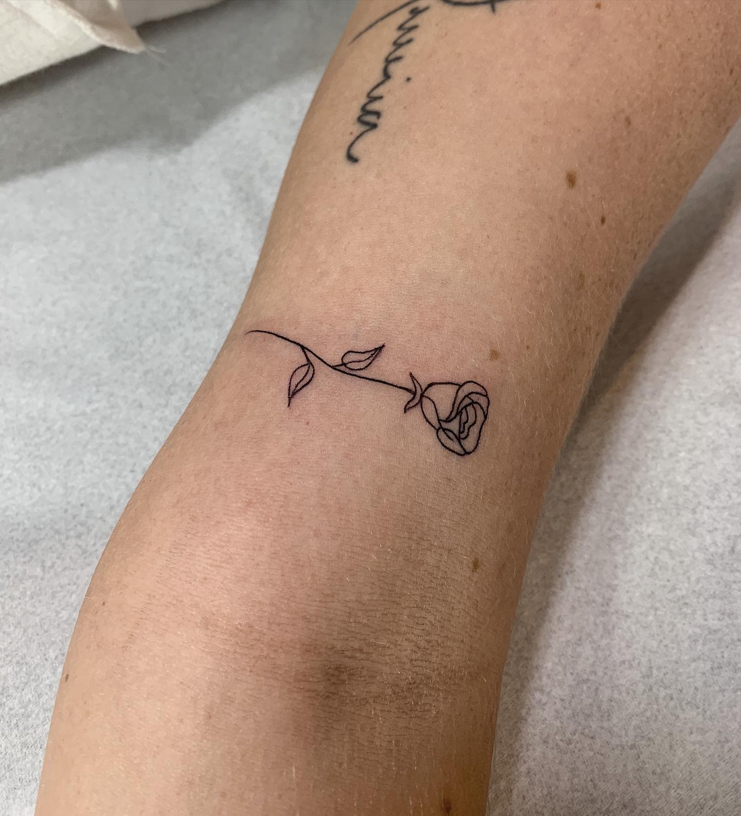 A minimalistic rose tattoo on an arm near the elbow