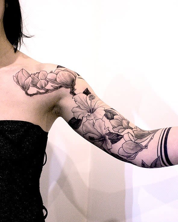 Floral 34 sleeve tattoo la_french_sarah