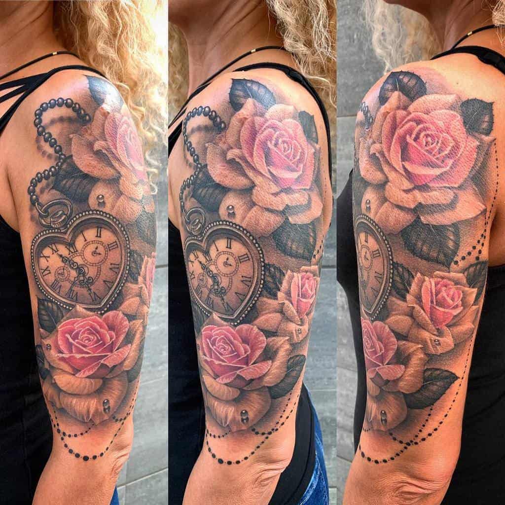 Arm tattoo with roses and a pocket watch