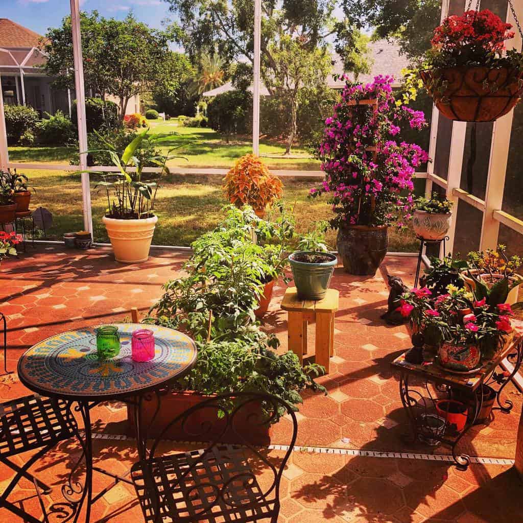 flower garden patio in glasshouse