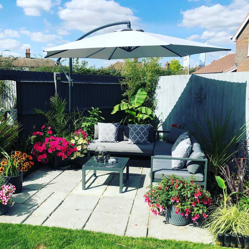 stone paver patio backyard with shade cover