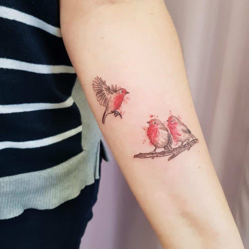 Tattoo of three red-breasted robin, one is flying, and two are perched on a branch