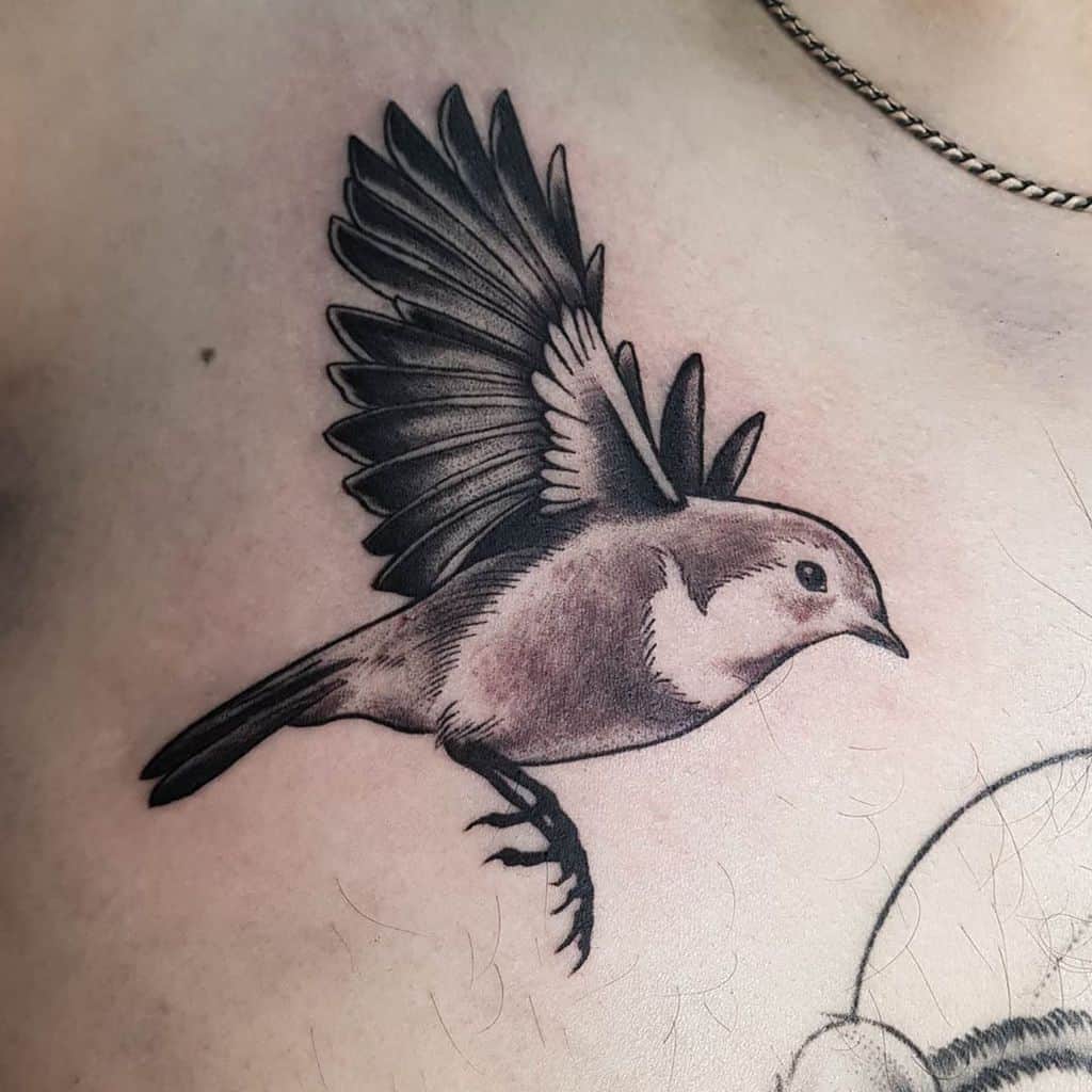 Black and gray tattoo of a robin in flight, featuring detailed wings and feathers