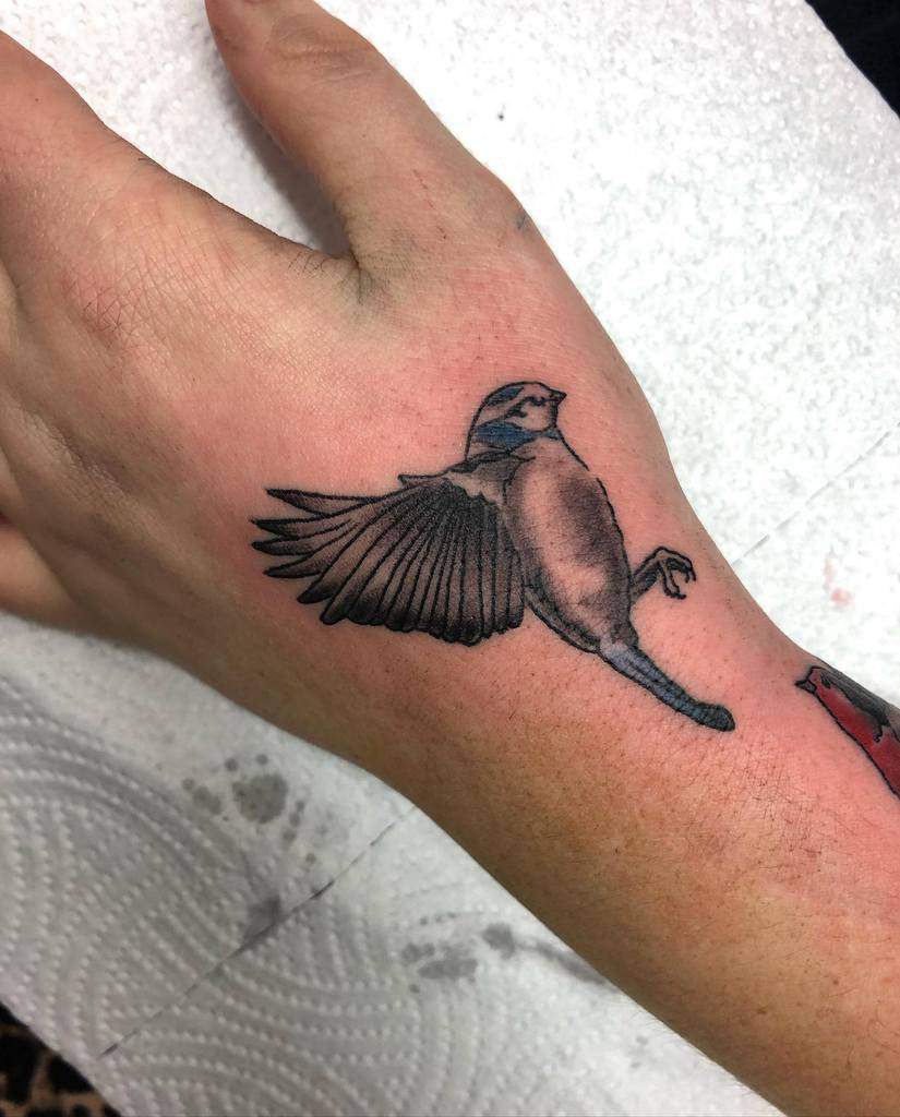 Tattoo of a robin in mid-flight, featuring detailed black and grey shading on the wings with subtle blue accents on the head and tail
