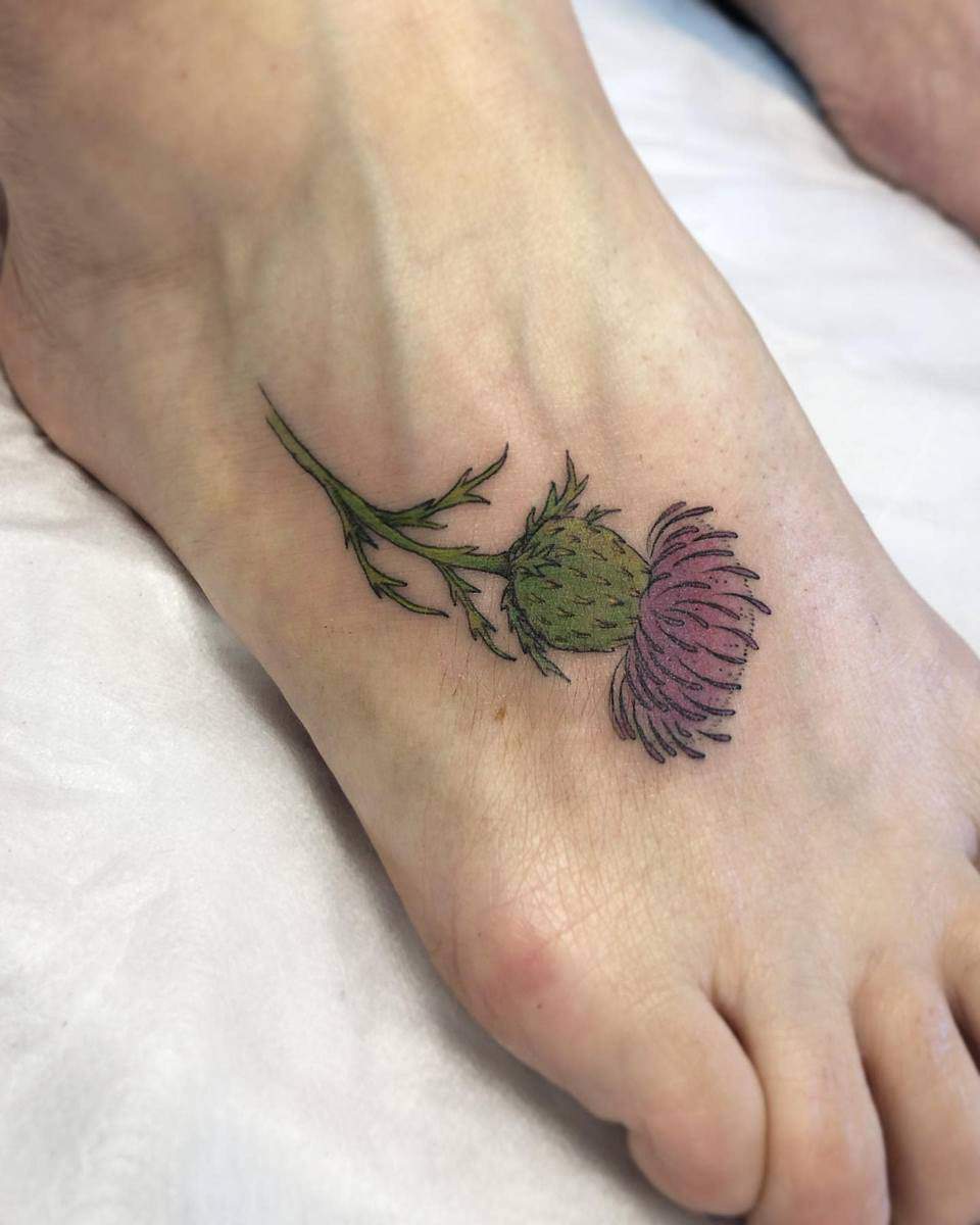 A foot with a tattoo of a green and purple thistle on the top against a white background