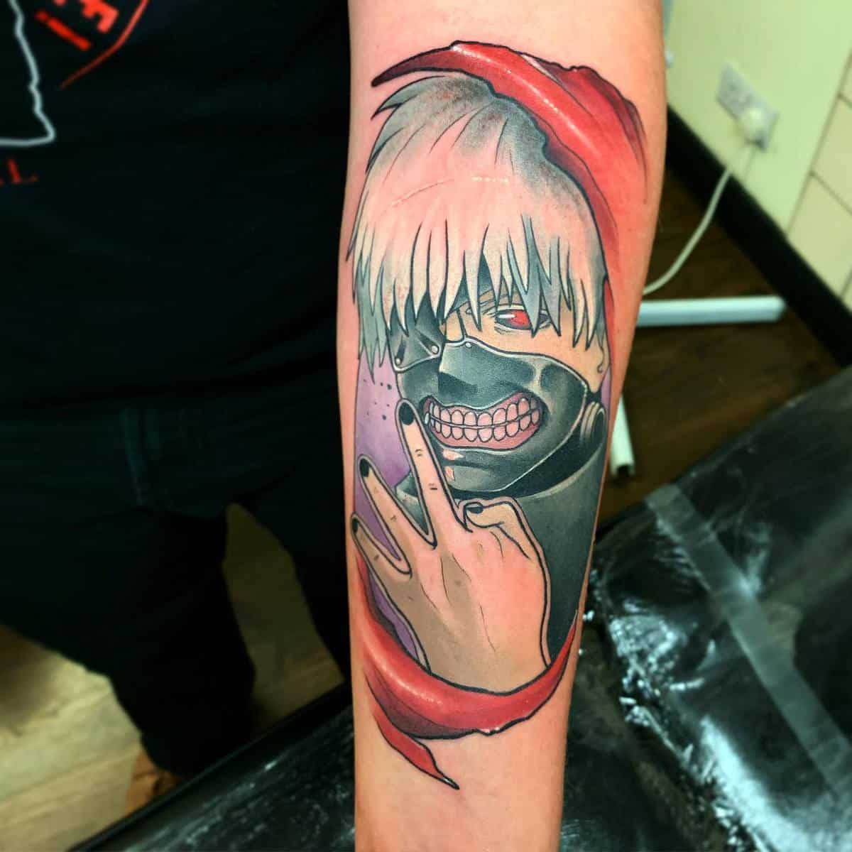 Forearm tattoo of Kaneki Ken from Tokyo Ghoul, showing his ghoul mask and a peace sign, with vivid red highlights