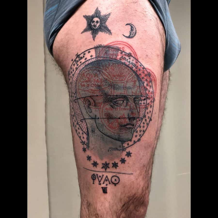 Surreal black ink tattoo of a human head with anatomical details, geometric elements, Latin text, a sun, a crescent moon, and star symbols.