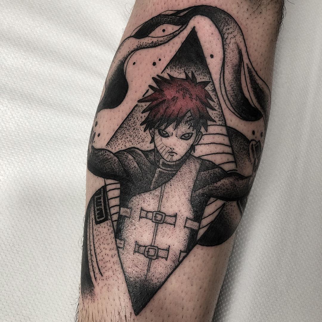 Tattoo of Gaara with red hair on a background with black and white elements