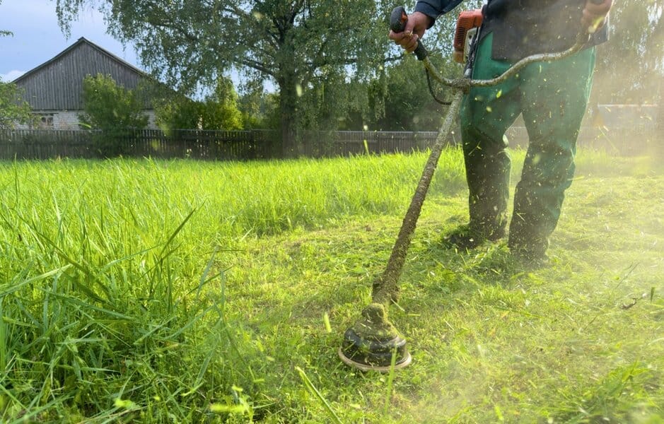 A person is trimming tall grass in a yard with a string trimmer on a sunny day, near a house and trees