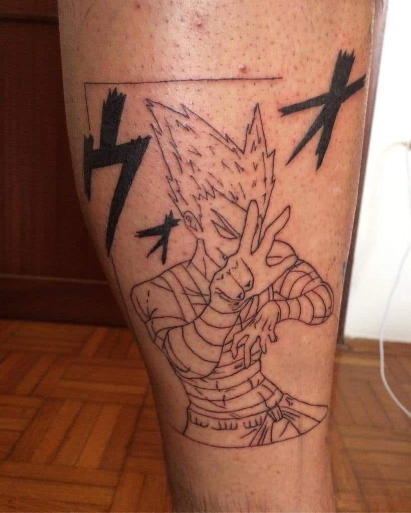 A black line-art tattoo of Garou from One Punch Man in a dynamic pose, featuring bold manga-style energy effects around him