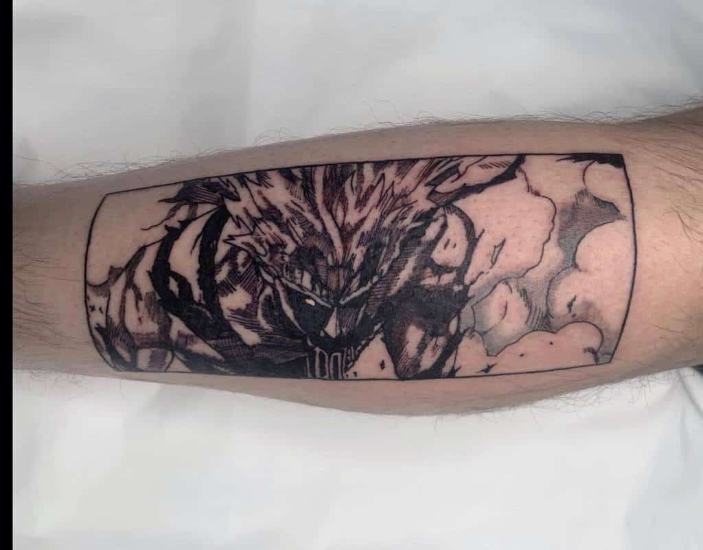A detailed black ink tattoo of Garou from One Punch Man in a fierce battle stance, styled like a manga panel with intense shading