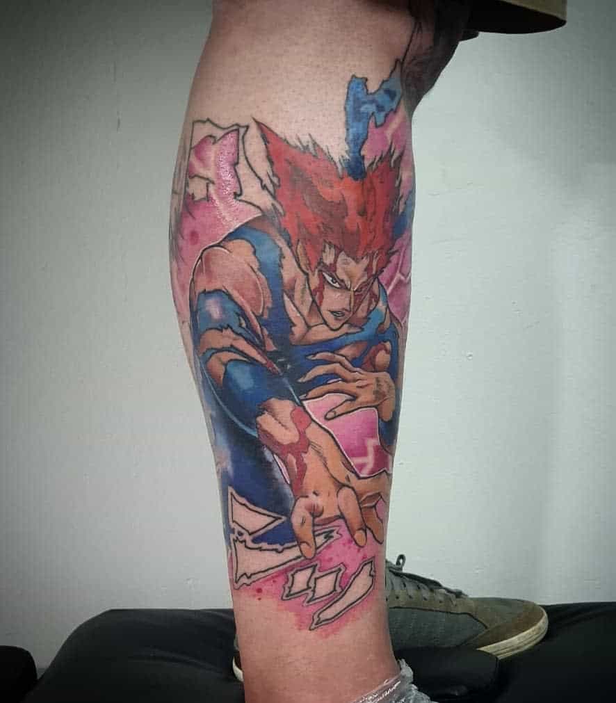 A vibrant leg tattoo of Garou from One Punch Man in a dynamic battle stance, featuring bold colors, energy effects, and intense shading