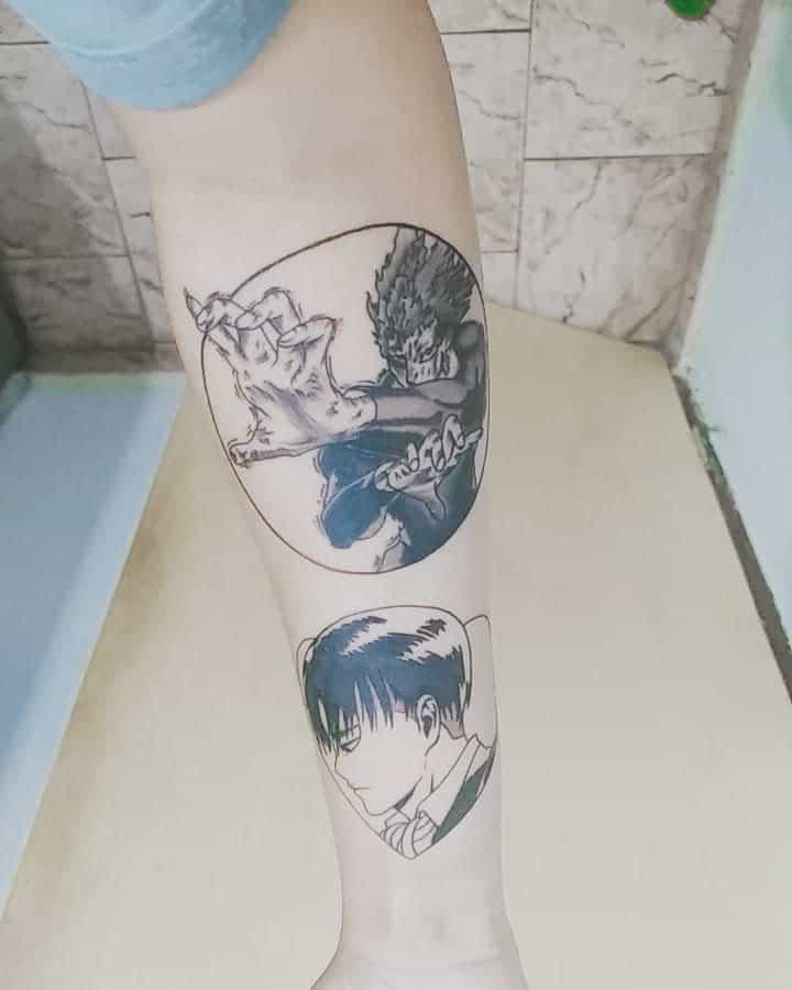 A black ink tattoo featuring Garou from One Punch Man in a battle pose within a circular frame, paired with Levi from Attack on Titan in a separate panel