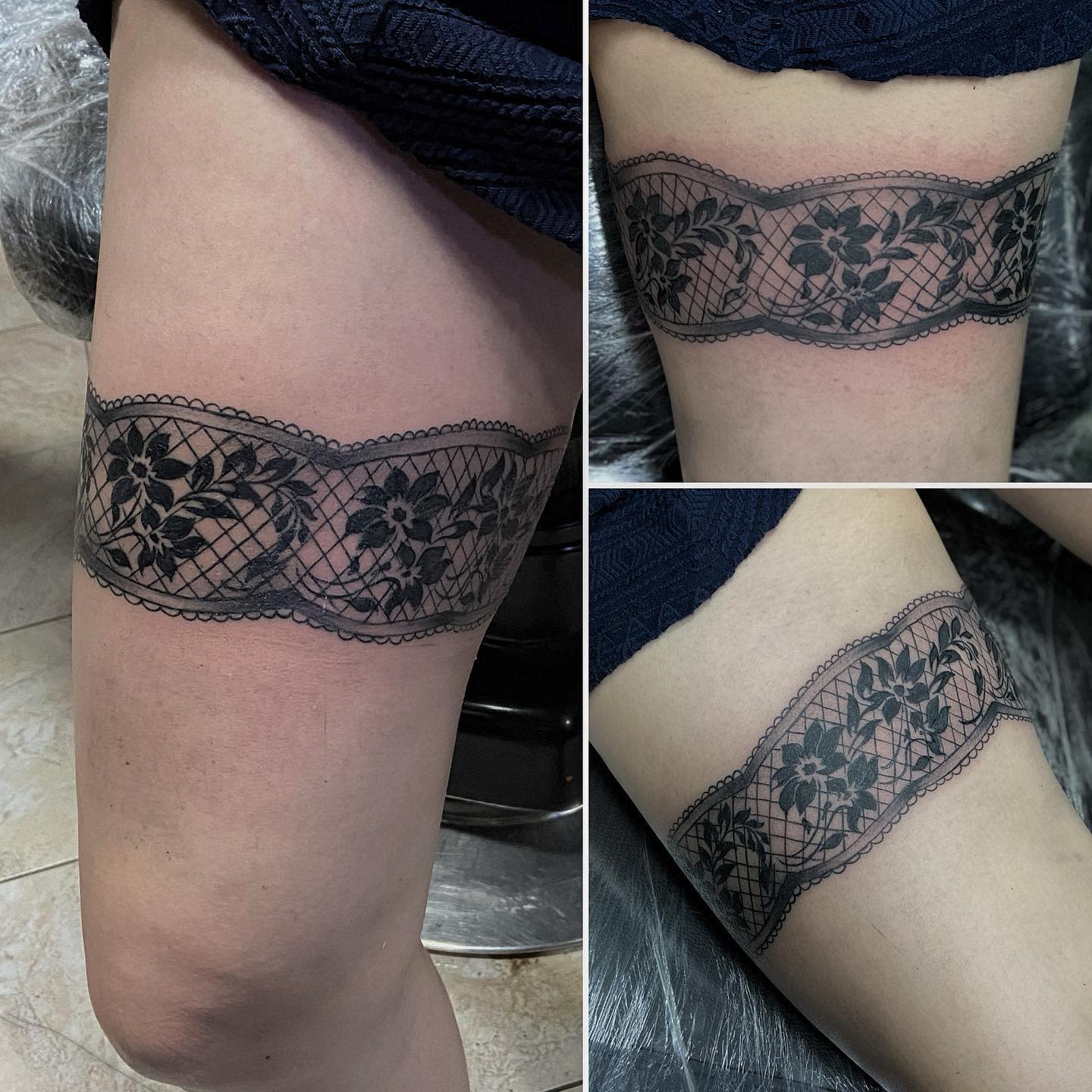 A thigh tattoo featuring a lace-inspired garter with floral and geometric patterns