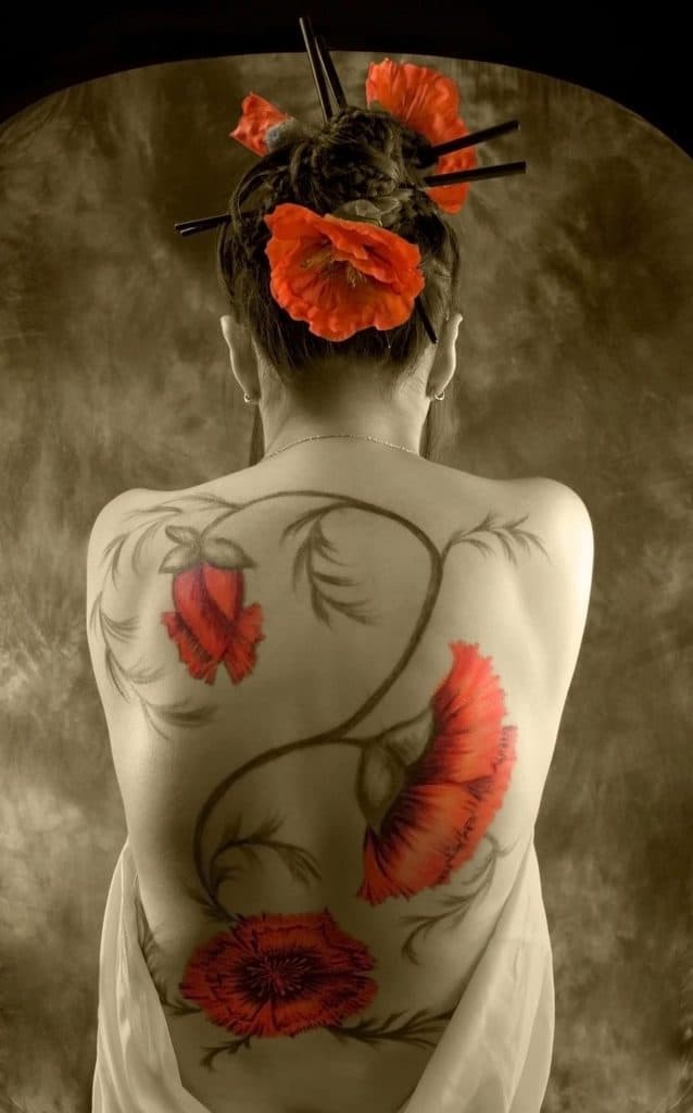 Geisha With Flowers Full Back Tattoo