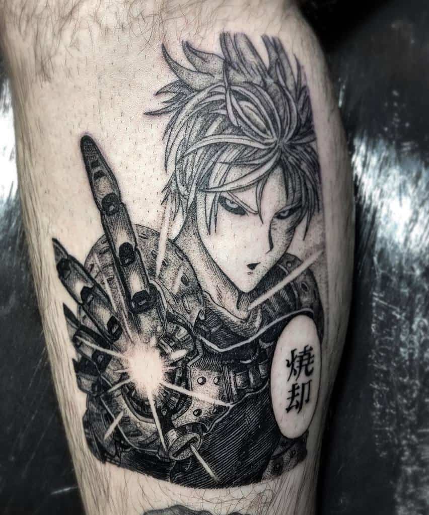 A detailed black and gray tattoo of Genos from One Punch Man, showcasing his cybernetic arm charging an energy blast with Japanese kanji