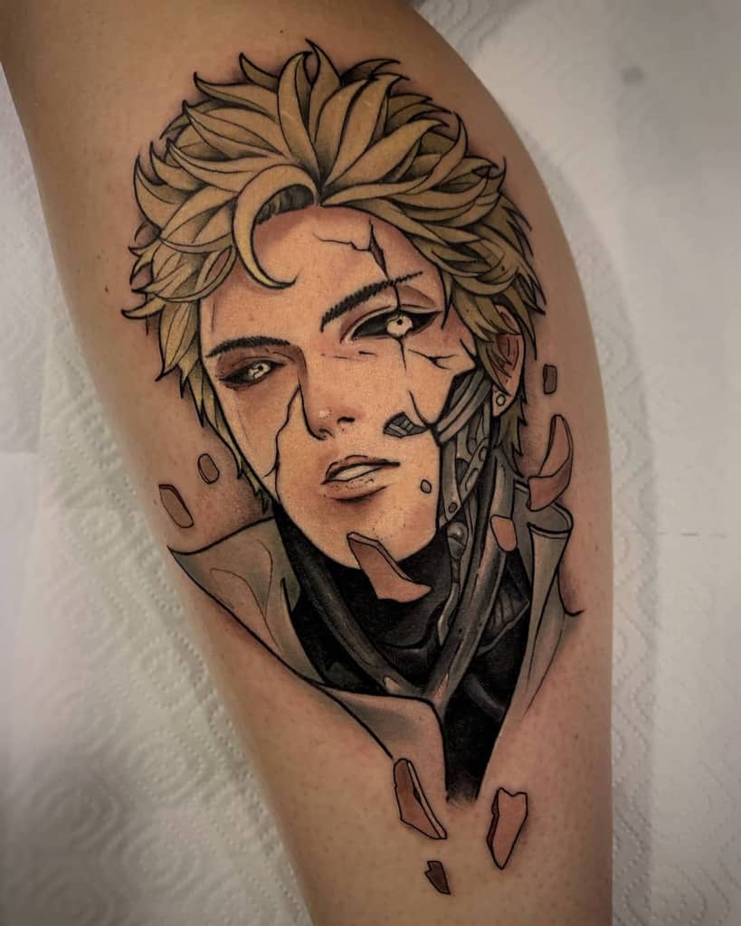 A detailed tattoo of Genos from One Punch Man with a cracked, battle-damaged face revealing cybernetic components, surrounded by shattered fragments