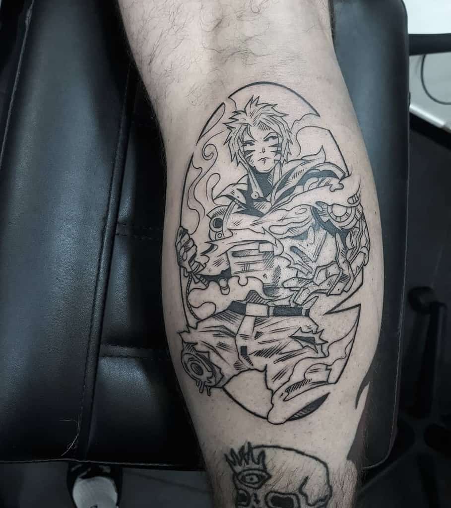 A black ink tattoo of Genos from One Punch Man in a battle-damaged state, featuring intricate cybernetic details and smoke effects