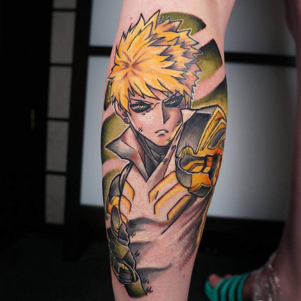 A vibrant tattoo of Genos from One Punch Man with glowing golden cybernetic arms and intense shading, set against a dynamic background