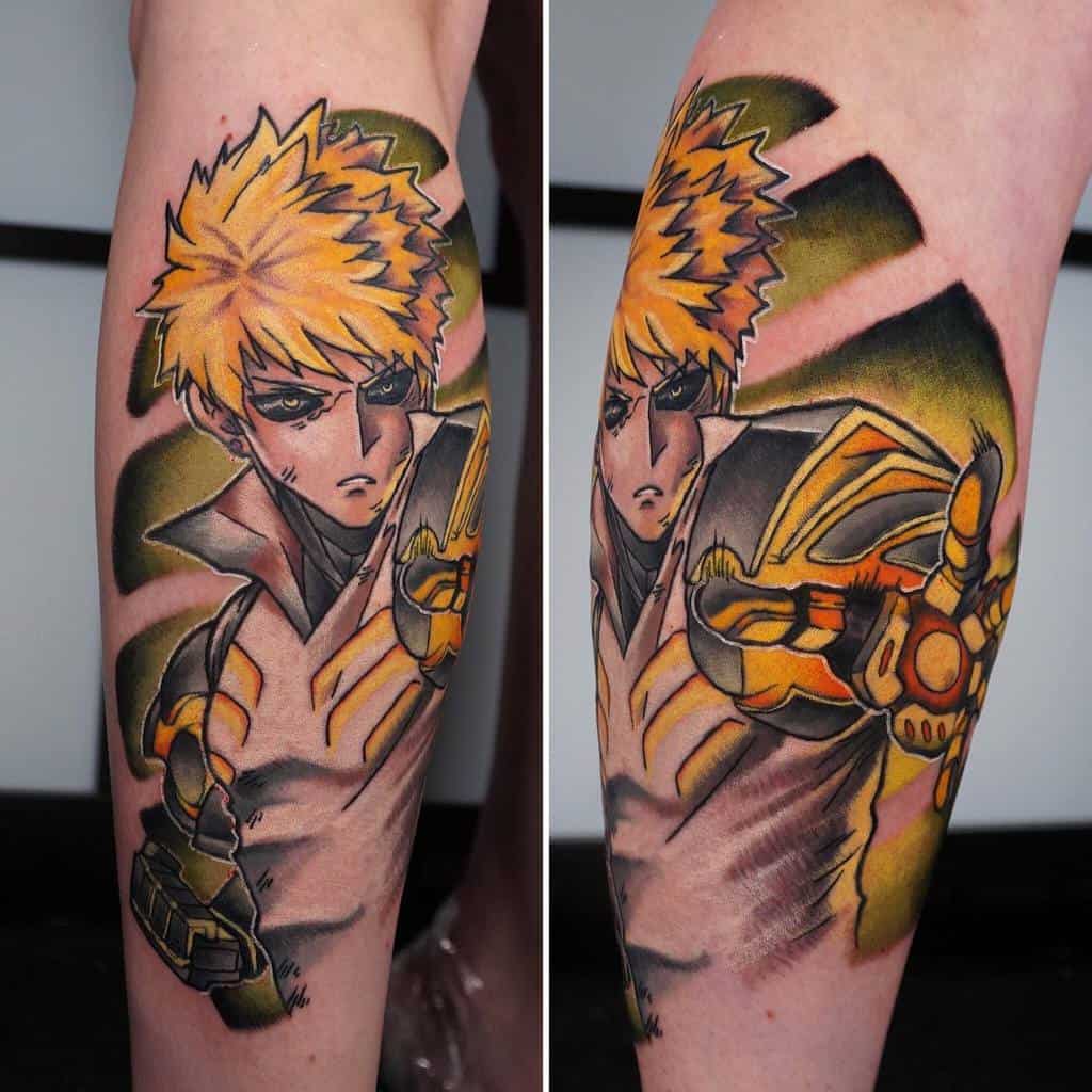 A vibrant tattoo of Genos from One Punch Man in two angles, showcasing his glowing cybernetic arms and intense expression with dynamic shading