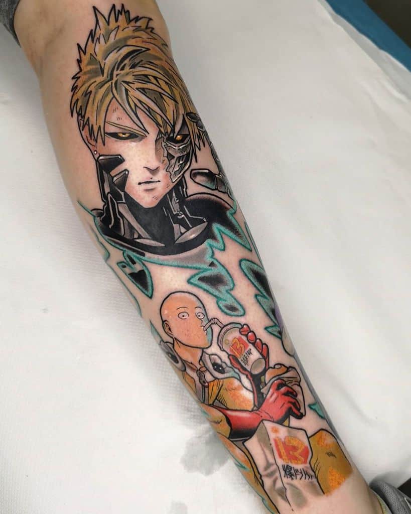 A detailed full-leg tattoo featuring Genos with a battle-scarred cybernetic face and Saitama casually sipping a drink, surrounded by electric energy effects