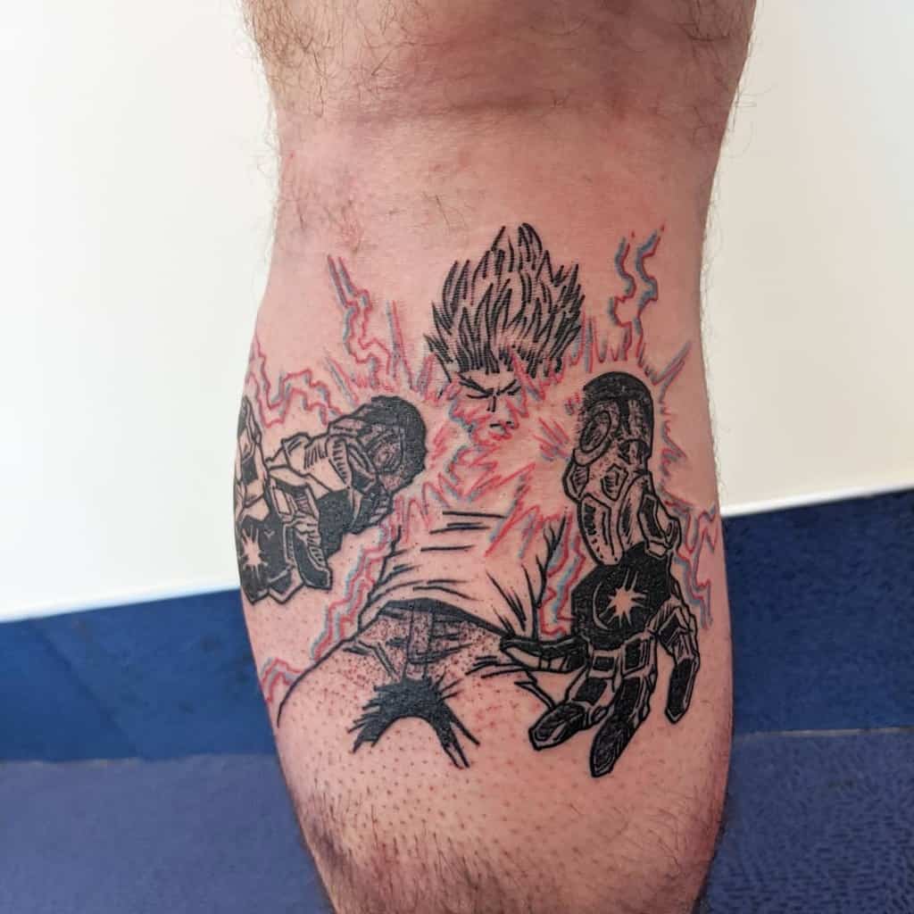 A black and red tattoo of Genos from One Punch Man unleashing a powerful energy blast, with cybernetic arms glowing with intense energy