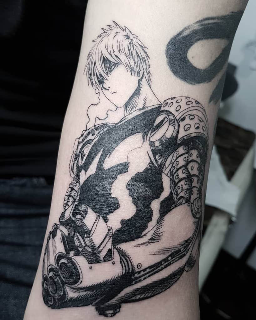 A detailed black ink tattoo of Genos from One Punch Man in a battle-ready pose, showcasing intricate cybernetic arm details and shading