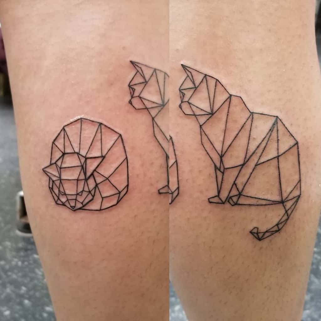 Geometric cat tattoos in various poses on arm