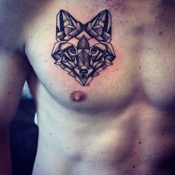 Geometric fox tattoo with dot style on the chest
