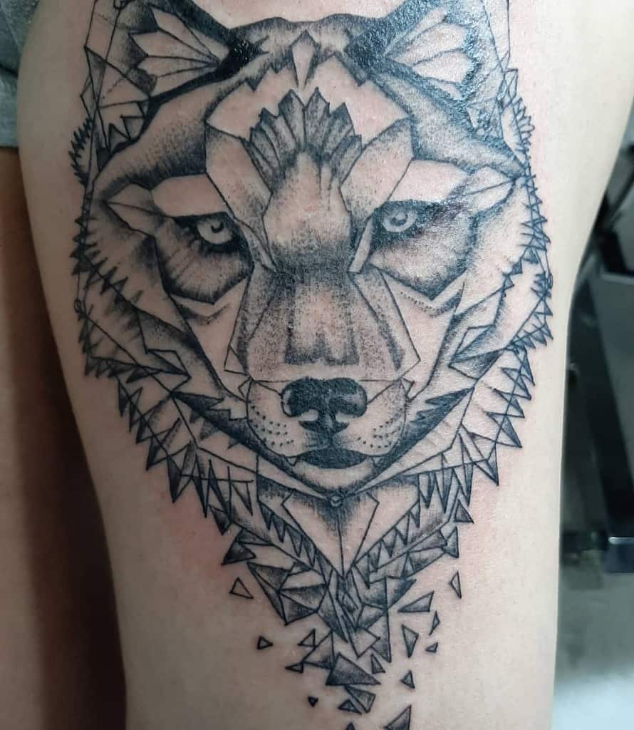 Geometric fox tattoo on thigh