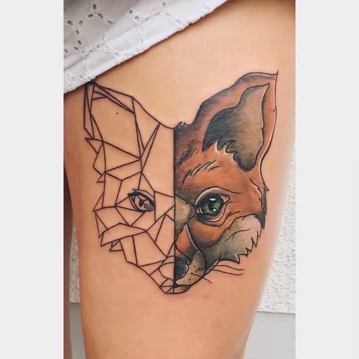 A thigh tattoo of a fox with geometric design on the left half and realistic on the right